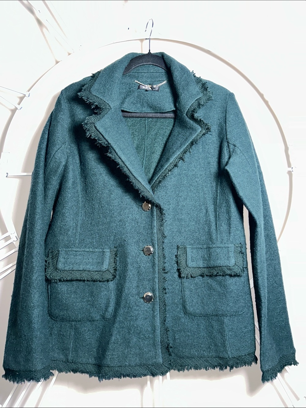 DKNY Teal Emerald Green Tweed Knit Fringe Jacket Button Front Blazer Cardigan